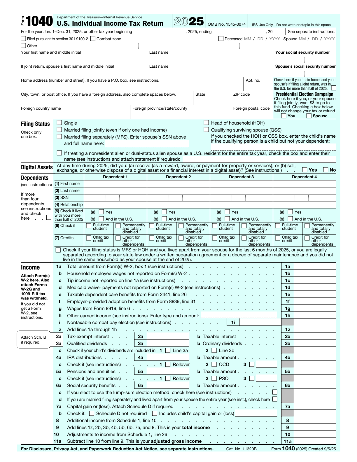 First page of the 2025 IRS Form 1040 before remediation.